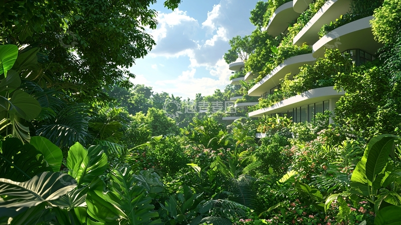 高清大图下载【趣麦麦图】绿色植物覆盖的现代建筑