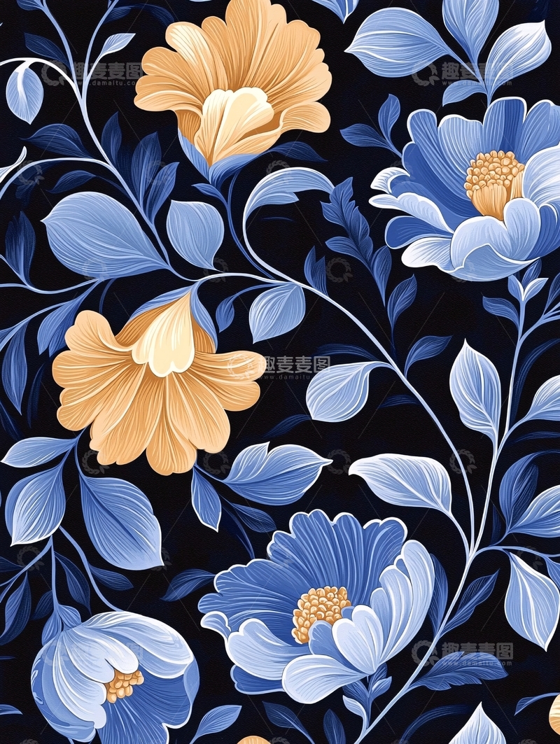 高清大图下载【趣麦麦图】蓝色花卉图案背景素材