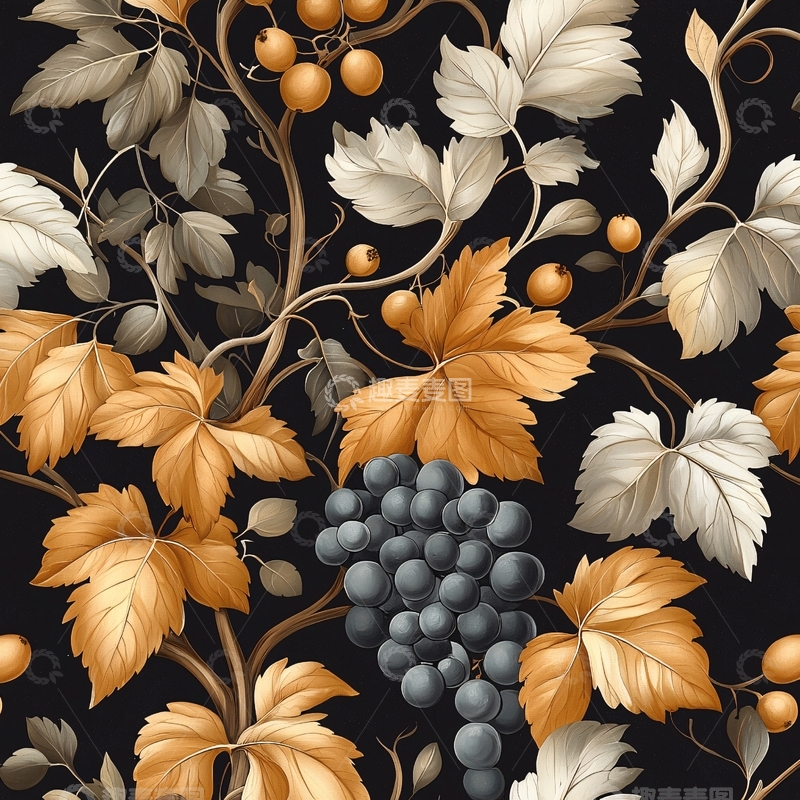 高清大图下载【趣麦麦图】秋日葡萄与果实装饰图案