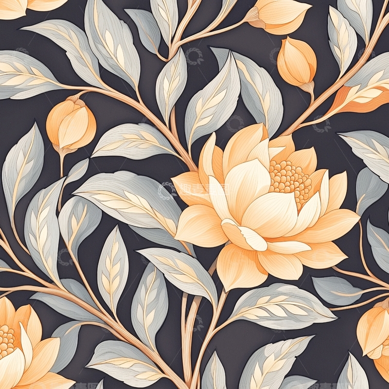 橙色花卉与叶子图案背景