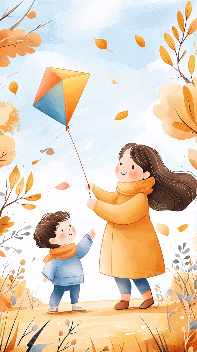 高清大图下载【趣麦麦图】秋日亲子放风筝