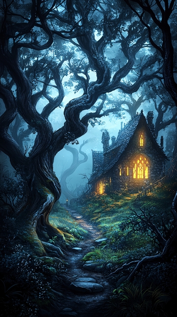 幽暗森林中的石屋