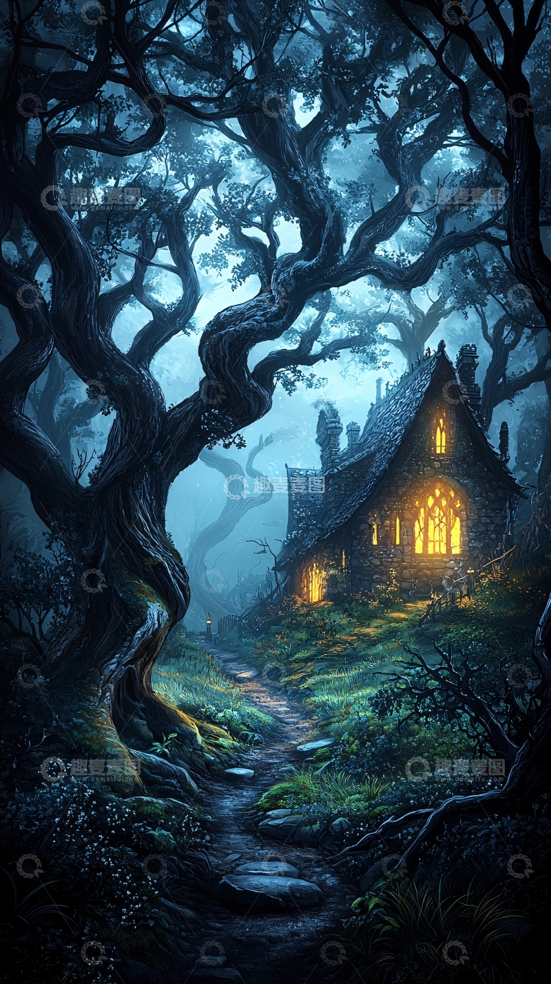 高清大图下载【趣麦麦图】幽暗森林中的石屋