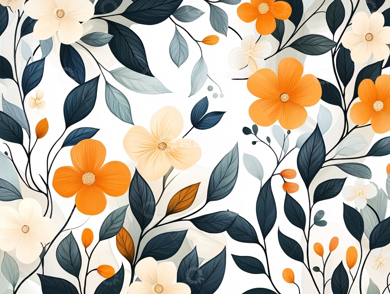 高清大图下载【趣麦麦图】橙色花卉与深蓝叶子图案背景