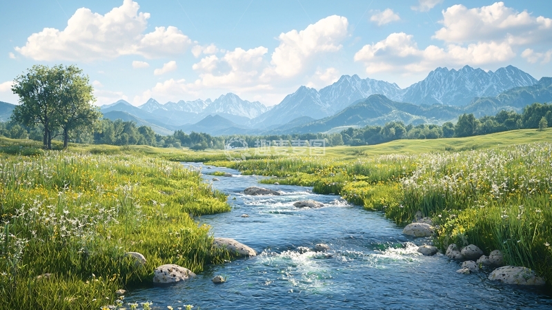 高清大图下载【趣麦麦图】山间溪流与绿野风光