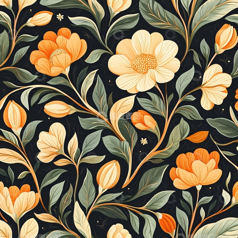 高清大图下载【趣麦麦图】橙色花卉与绿色叶子图案背景
