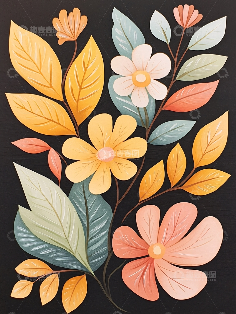 高清大图下载【趣麦麦图】秋日花卉剪纸艺术图案