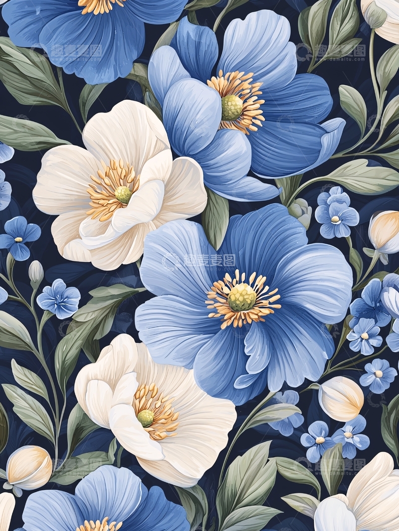 高清大图下载【趣麦麦图】蓝色花卉背景图案素材