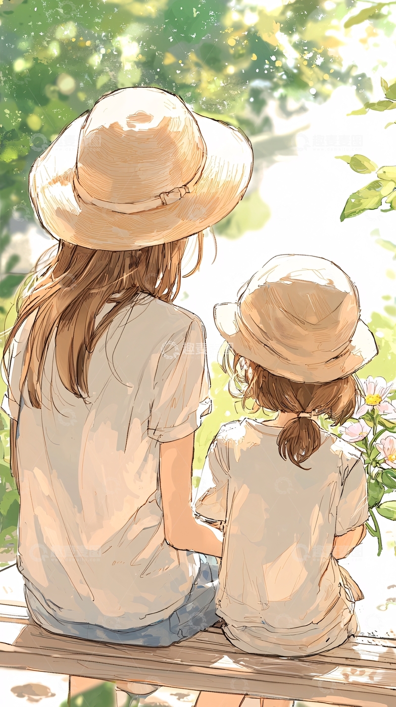 高清大图下载【趣麦麦图】母女共赏花的美好时光