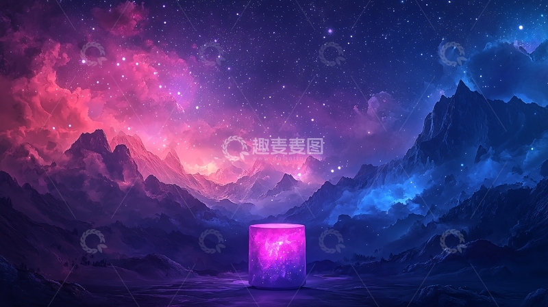 高清大图下载【趣麦麦图】梦幻星空下的山峰与发光圆柱