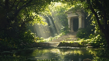 森林中的古庙与瀑布