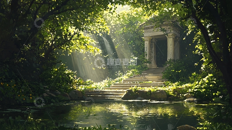 高清大图下载【趣麦麦图】森林中的古庙与瀑布