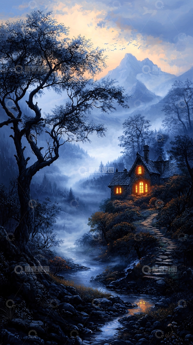 高清大图下载【趣麦麦图】山间小屋夜景