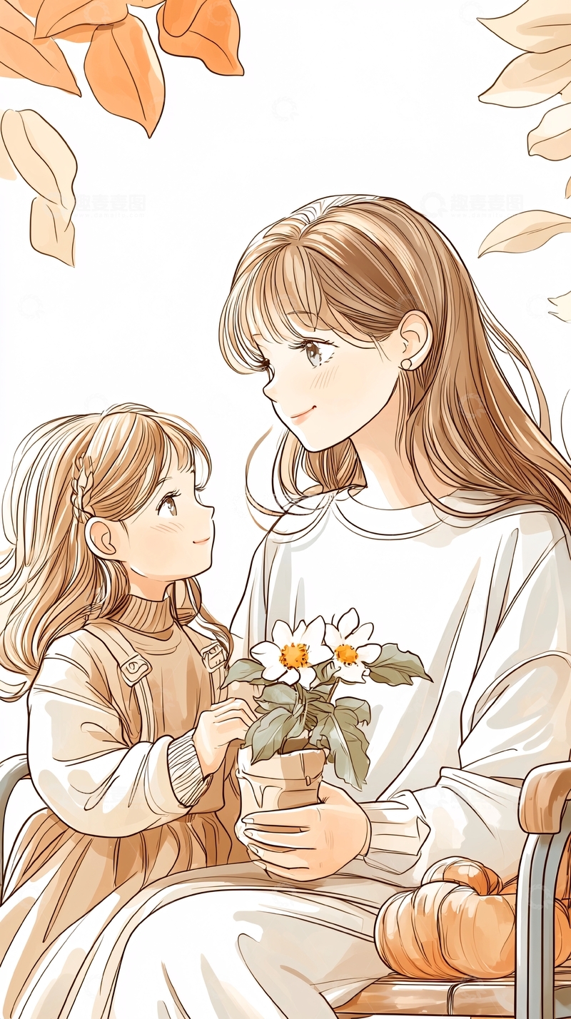 高清大图下载【趣麦麦图】母女共赏秋日花