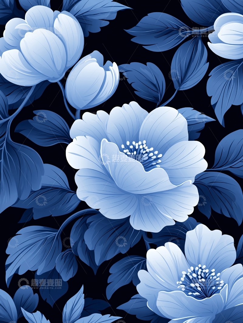 高清大图下载【趣麦麦图】深蓝色花卉图案背景素材