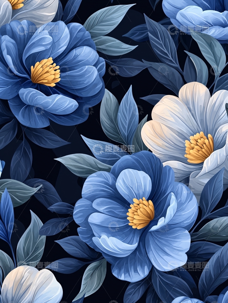 高清大图下载【趣麦麦图】蓝色花朵与叶子背景图案