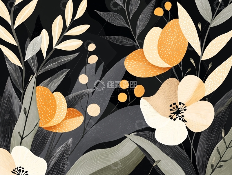 高清大图下载【趣麦麦图】橙色花朵与叶子的抽象插画