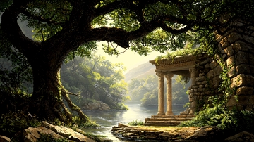 古树下的石柱与河流