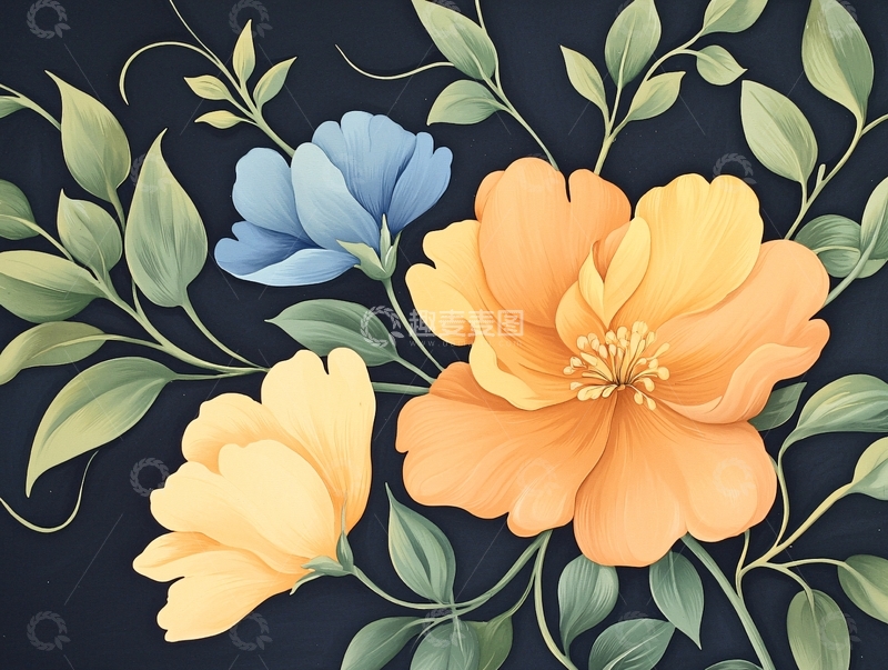 高清大图下载【趣麦麦图】蓝色和橙色花朵与绿叶的艺术插画