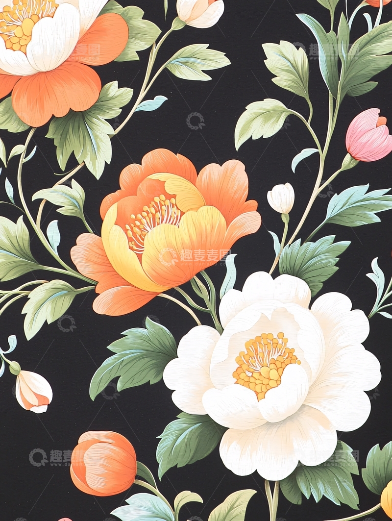 高清大图下载【趣麦麦图】黑色背景上的花卉图案设计