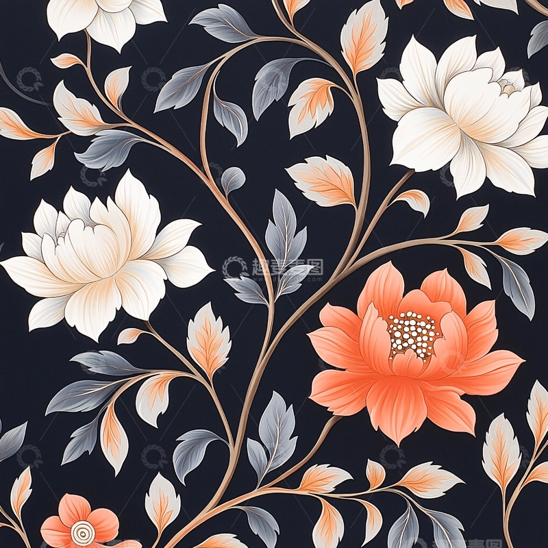 高清大图下载【趣麦麦图】深色背景上的花卉图案设计
