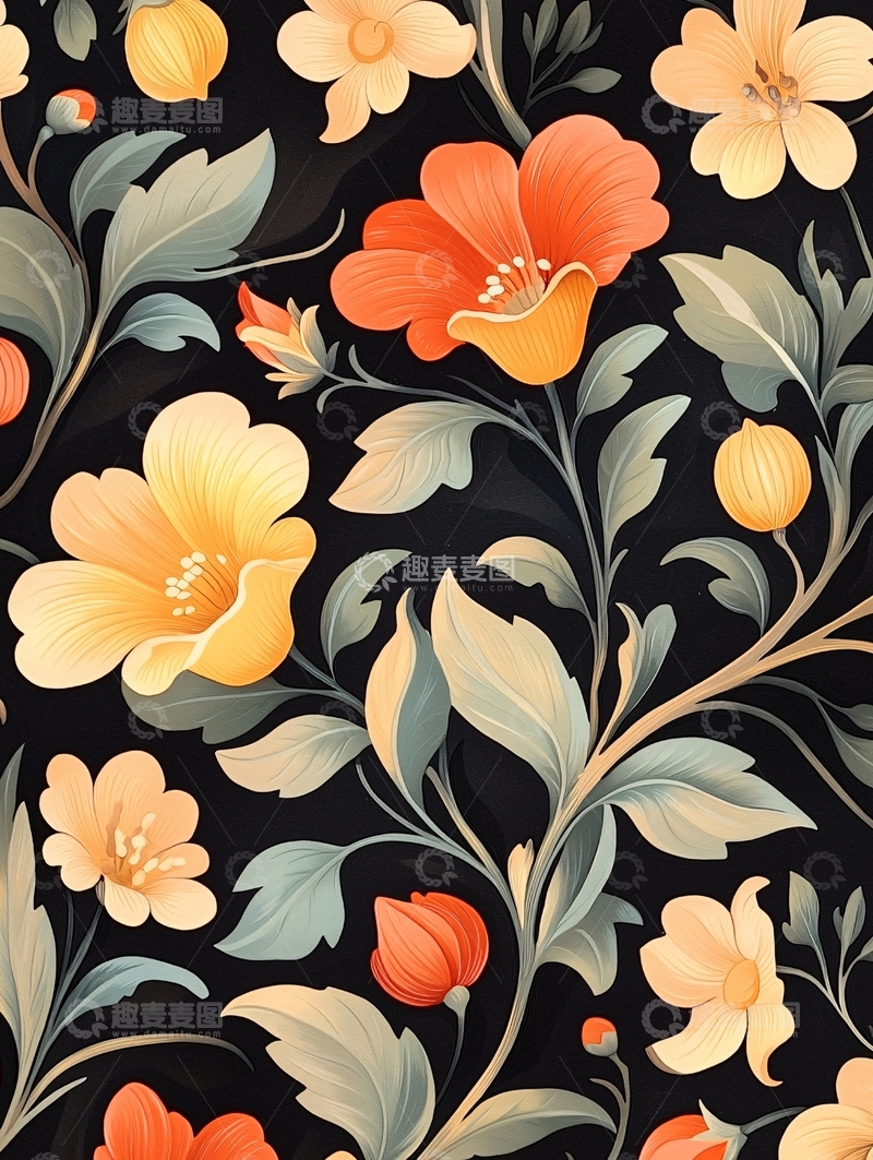 高清大图下载【趣麦麦图】橙色花卉图案背景素材