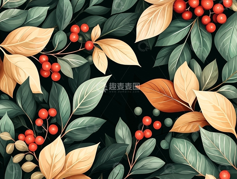 高清大图下载【趣麦麦图】秋日果实与叶子背景图案