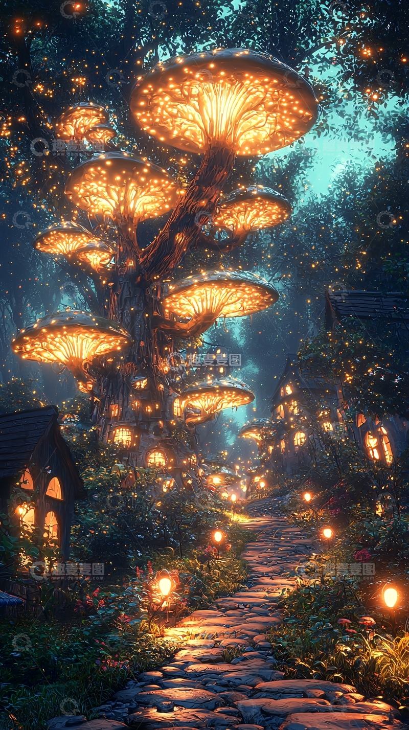 高清大图下载【趣麦麦图】梦幻森林中的蘑菇灯塔
