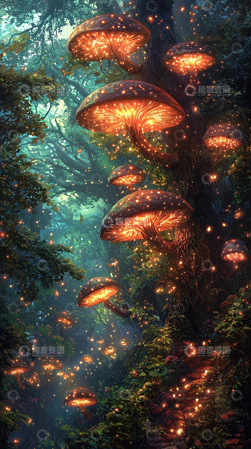 高清大图下载【趣麦麦图】梦幻森林中的发光蘑菇