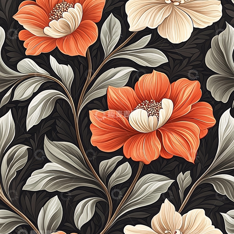 高清大图下载【趣麦麦图】橙色花卉与灰色叶子图案背景