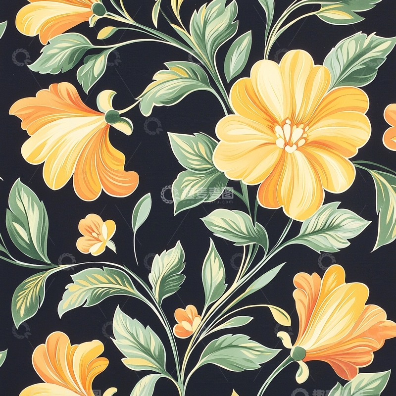 高清大图下载【趣麦麦图】复古花卉图案墙纸素材