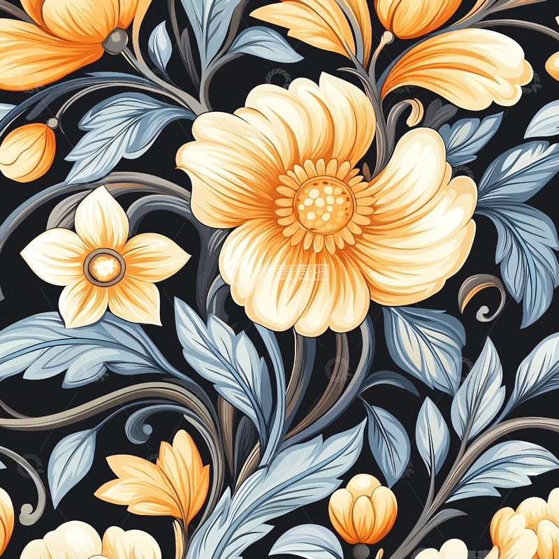 高清大图下载【趣麦麦图】橙色花卉与蓝色叶子图案背景