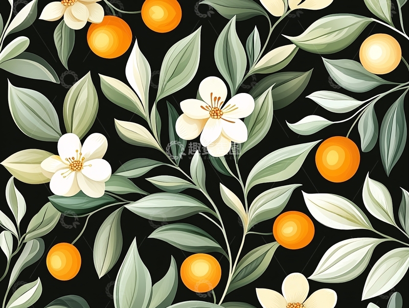 高清大图下载【趣麦麦图】橙花绿叶复古图案背景
