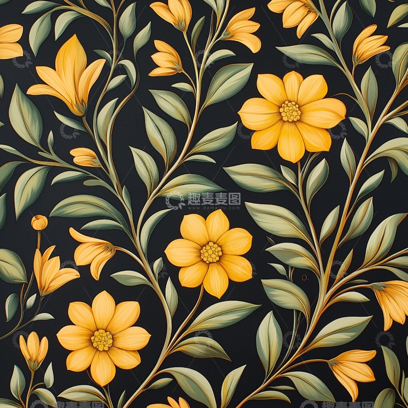 高清大图下载【趣麦麦图】黄色花朵与绿色叶子图案背景