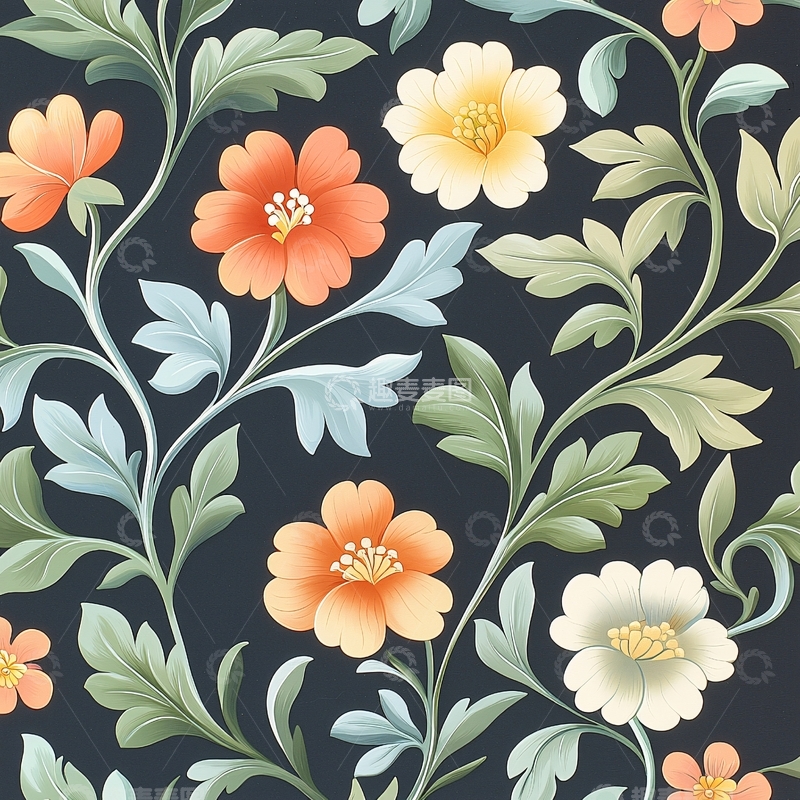 高清大图下载【趣麦麦图】复古花卉图案背景素材
