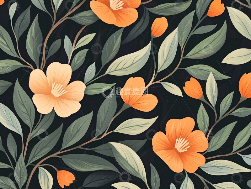 高清大图下载【趣麦麦图】橙色花朵与绿叶背景图案
