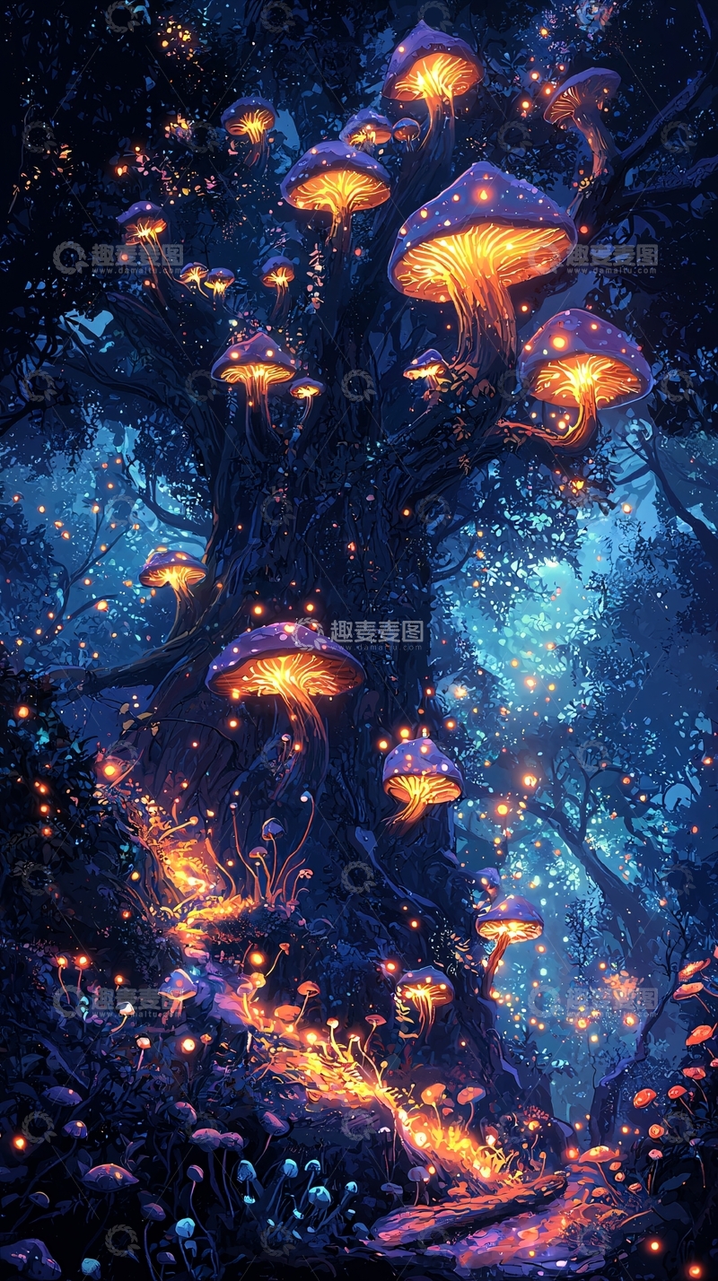 高清大图下载【趣麦麦图】神秘森林中的发光蘑菇
