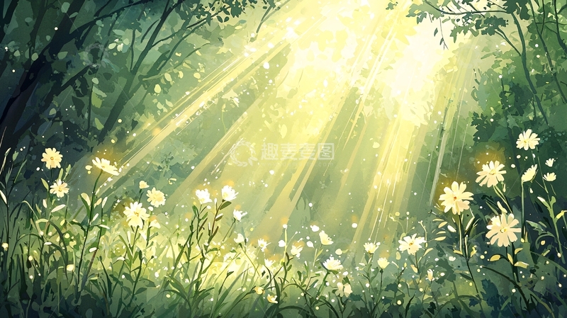 高清大图下载【趣麦麦图】阳光穿透森林的花朵场景