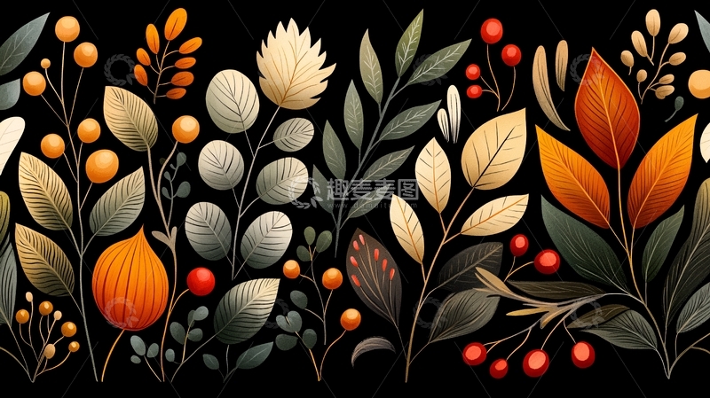 高清大图下载【趣麦麦图】秋日果实与叶子插画素材