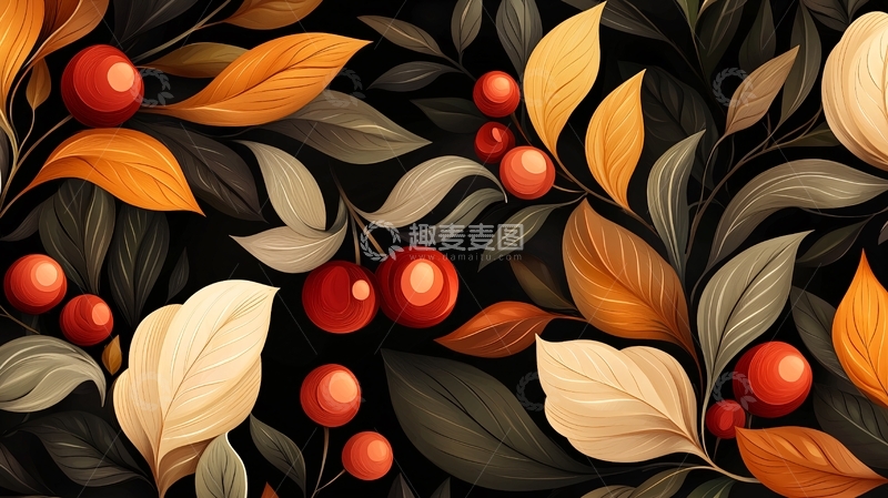 高清大图下载【趣麦麦图】秋日果实与叶子图案背景