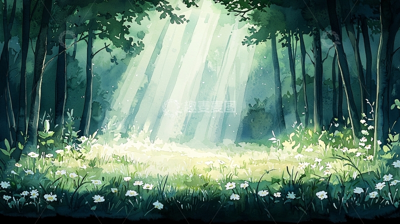 高清大图下载【趣麦麦图】森林中的阳光与花朵