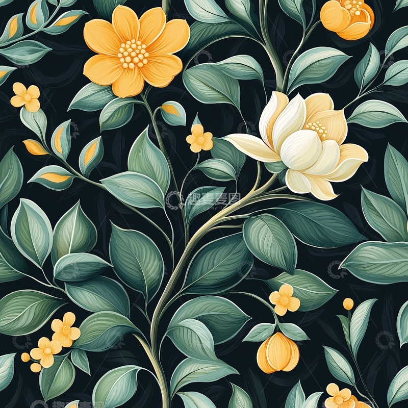 高清大图下载【趣麦麦图】黄色花朵与绿色叶子的图案背景