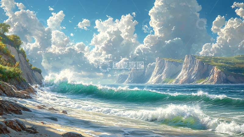高清大图下载【趣麦麦图】海浪拍打岩石的海滩风景