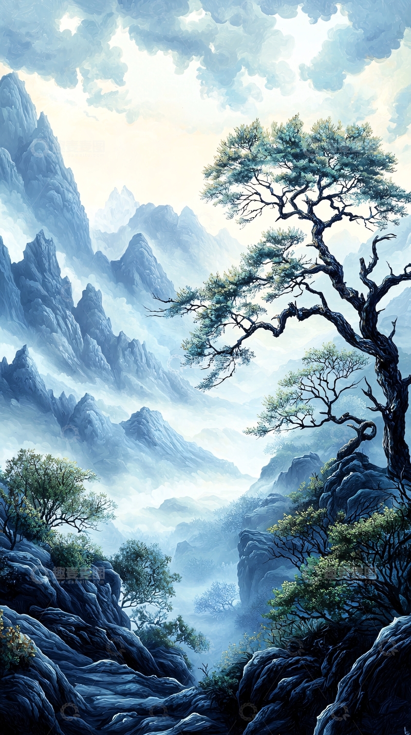 高清大图下载【趣麦麦图】山间松树与云雾