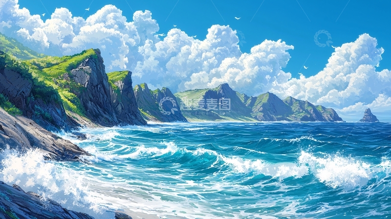 高清大图下载【趣麦麦图】海边悬崖与波涛汹涌