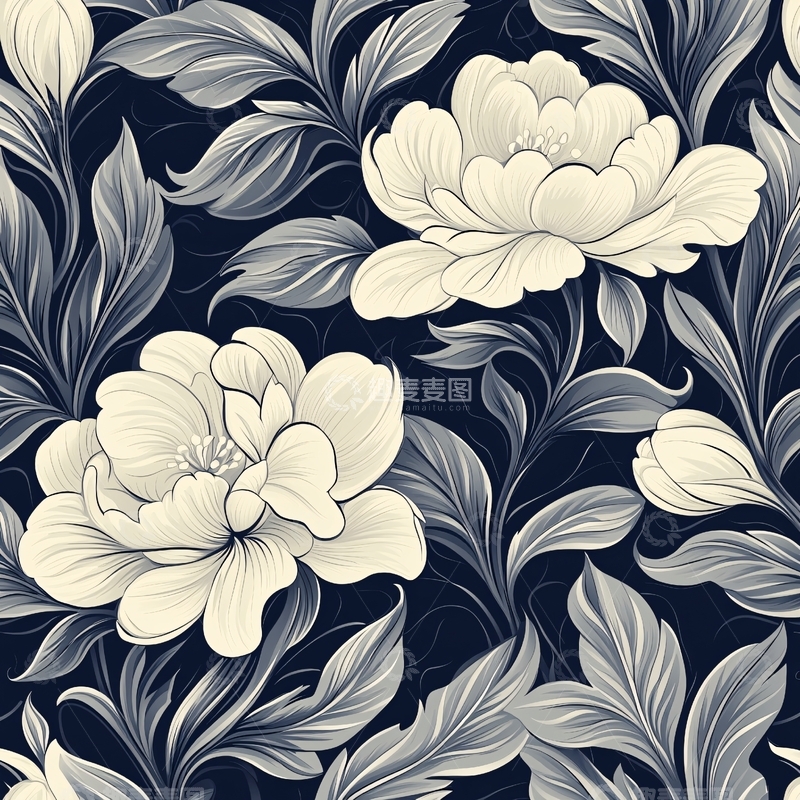 高清大图下载【趣麦麦图】黑白花卉图案背景素材