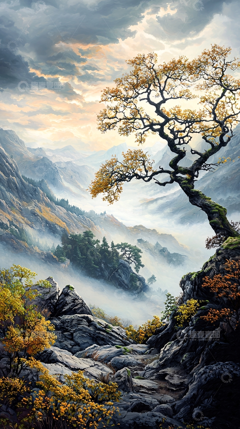 高清大图下载【趣麦麦图】秋日山间孤树图