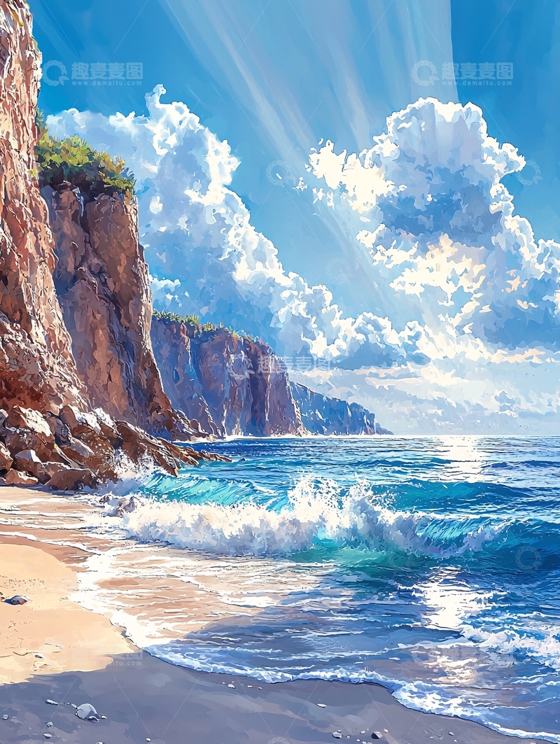 高清大图下载【趣麦麦图】海边悬崖与波浪的风景画