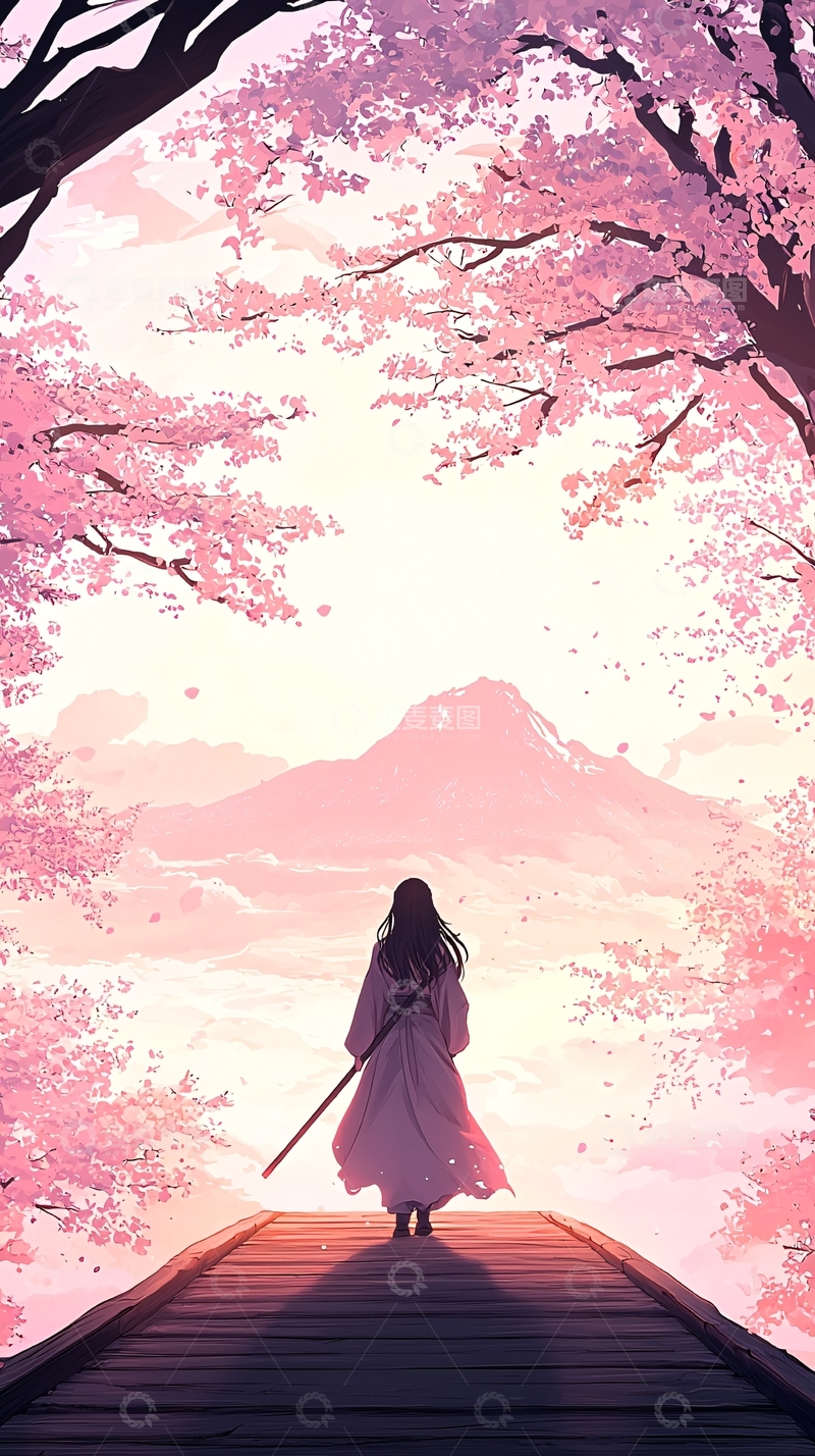 高清大图下载【趣麦麦图】樱花树下的孤独旅人