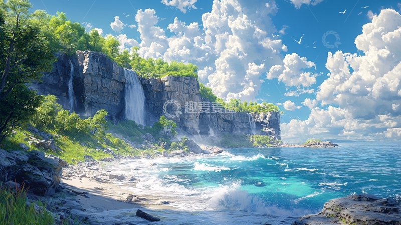 高清大图下载【趣麦麦图】瀑布海边风景图